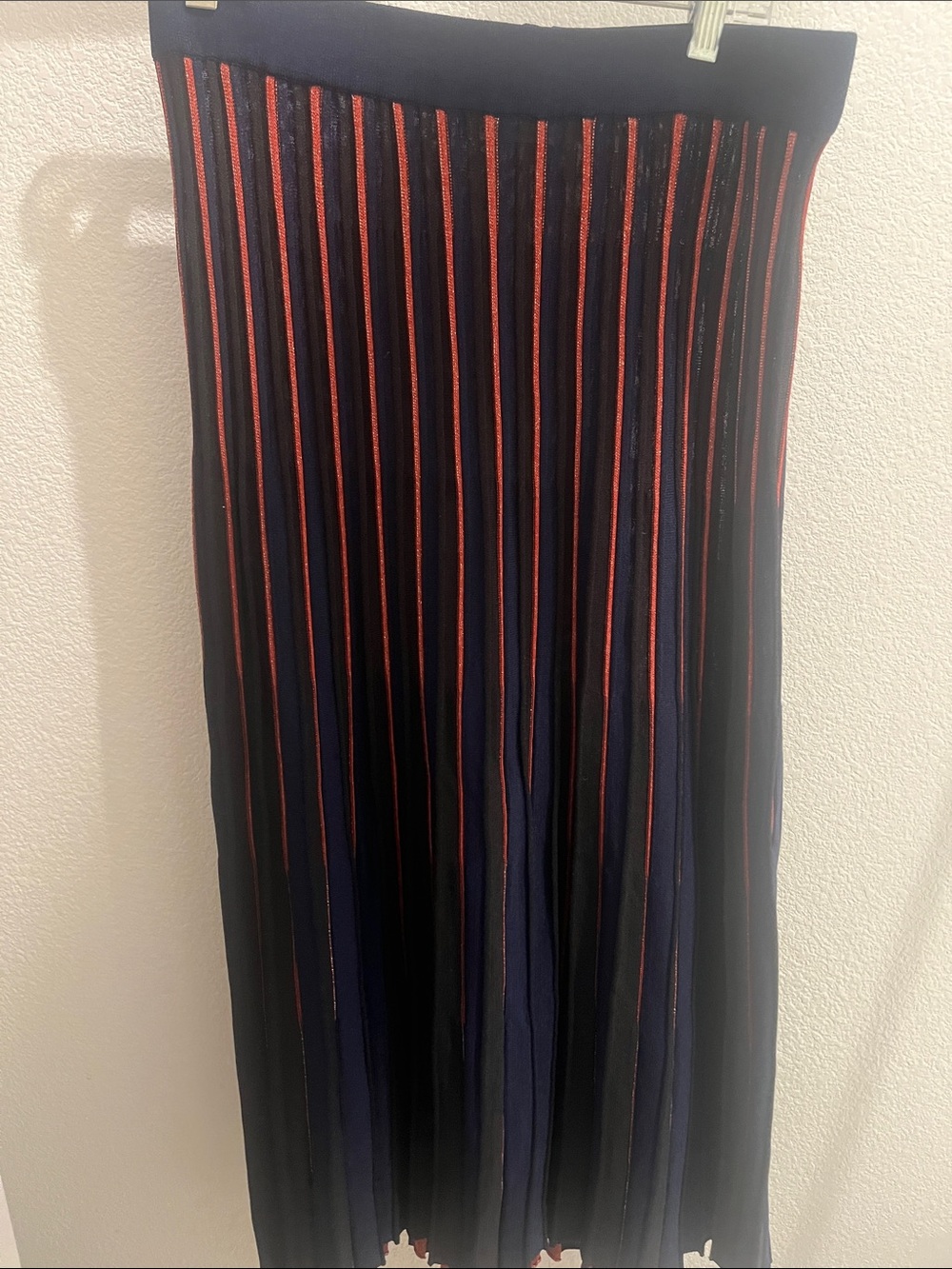 Marine Layer XL Navy Midi Pleated Skirt with Red Black Stripe Detail